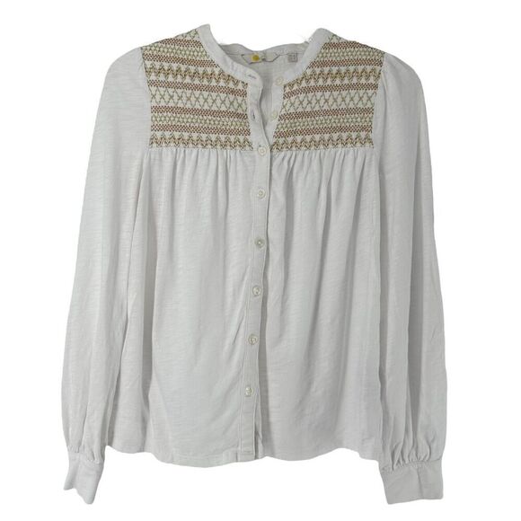 Boden Top Smocked Embroidered Yoke Collarless Button Up White Size 4 Long Sleeve - Picture 1 of 9